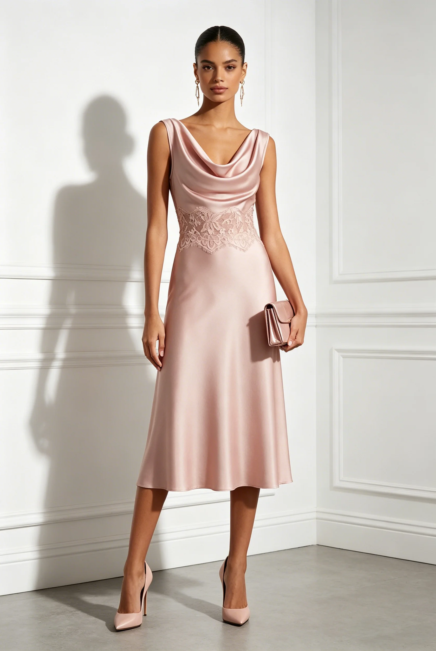 Pink Lace Satin Cowl Neck Sleeveless A-Line Midi Dress