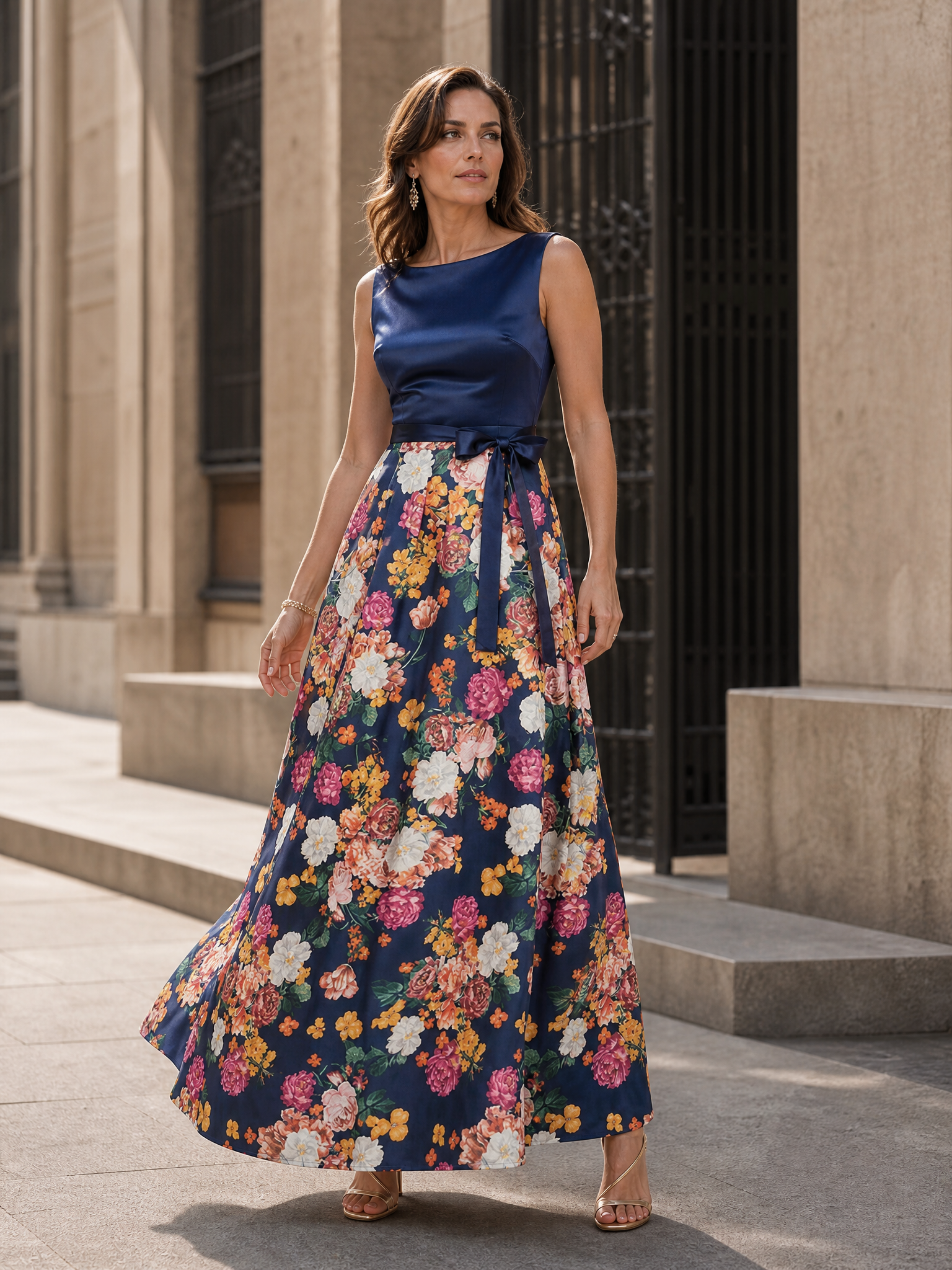 Ethereal Navy Floral Satin Sleeveless A-Line Floor-Length Gown Dress