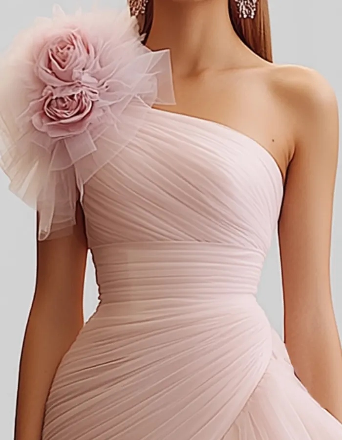 Blush Pink One-Shoulder Tulle High-Low Maxi Dress