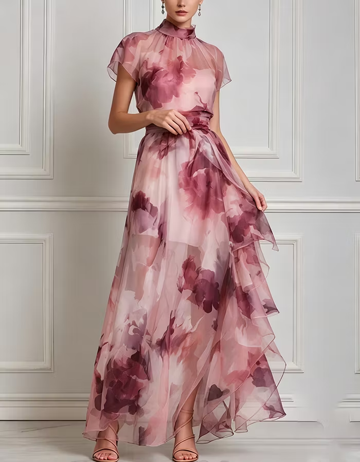 Pink Floral Print High Neck Chiffon Maxi Dress