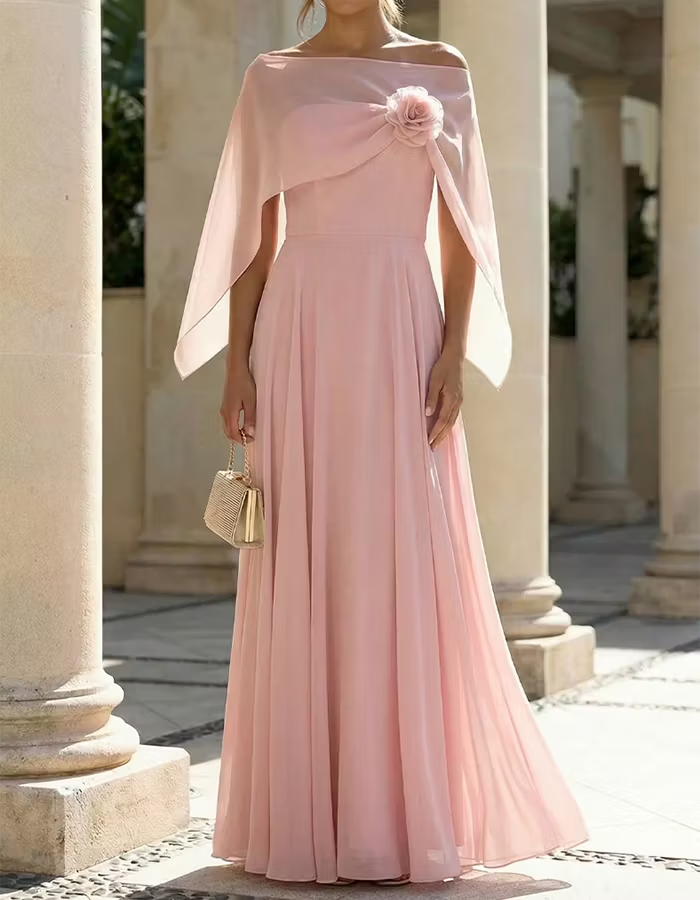 Blush Pink Off-Shoulder Capelet Chiffon Maxi Dress