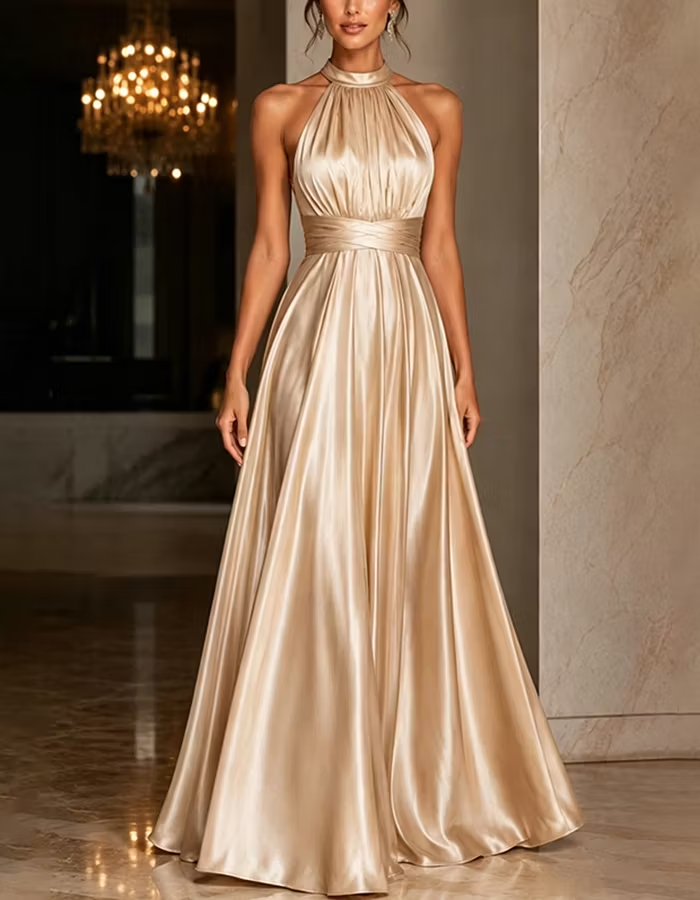 Champagne Halter Neck Satin A-Line Maxi Dress