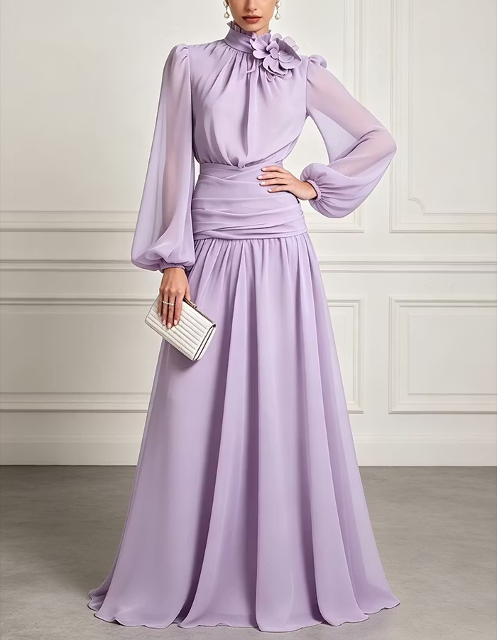 High-Neck Chiffon A-Line Maxi Dress