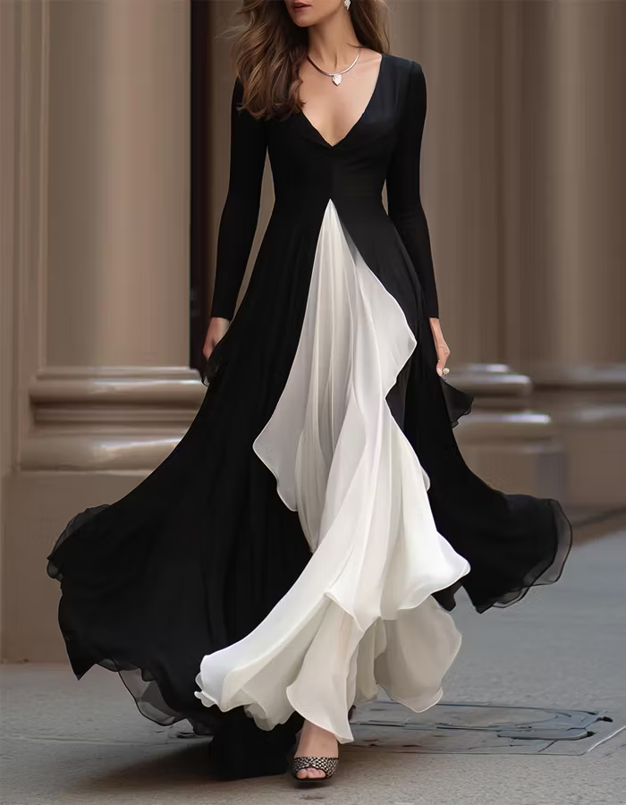 Black Contrast Stitching Long Sleeves Maxi Dress