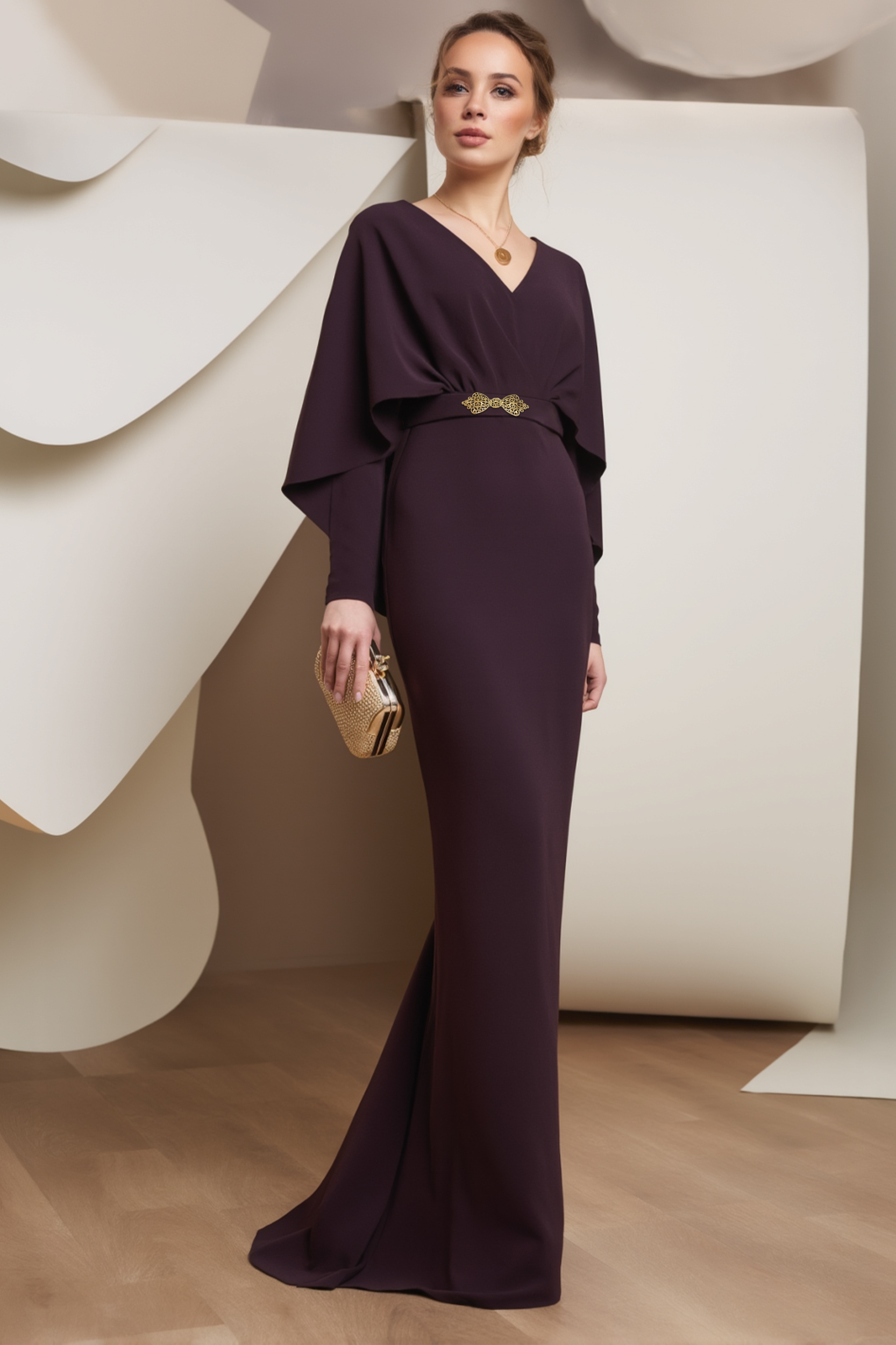 Evening Dress Purple V Neck Cap Belted Maxi Dress