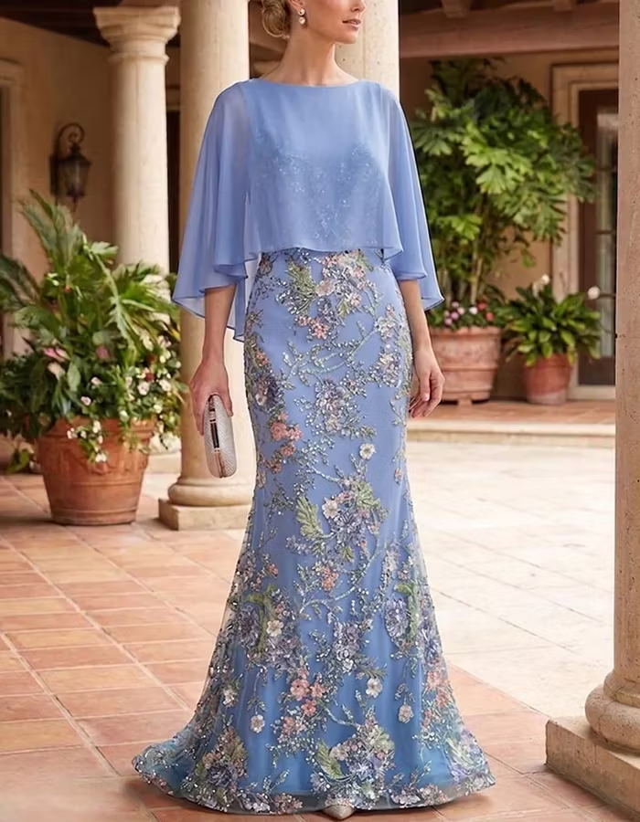 Light Blue Boat Neck Chiffon Cape Overlay Maxi Dress