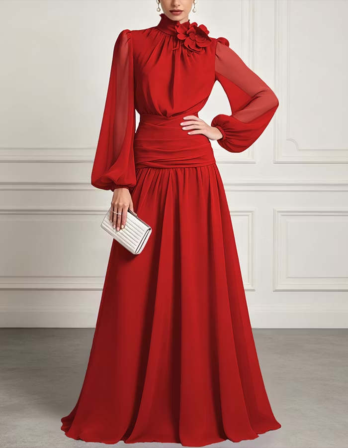 High-Neck Chiffon A-Line Maxi Dress
