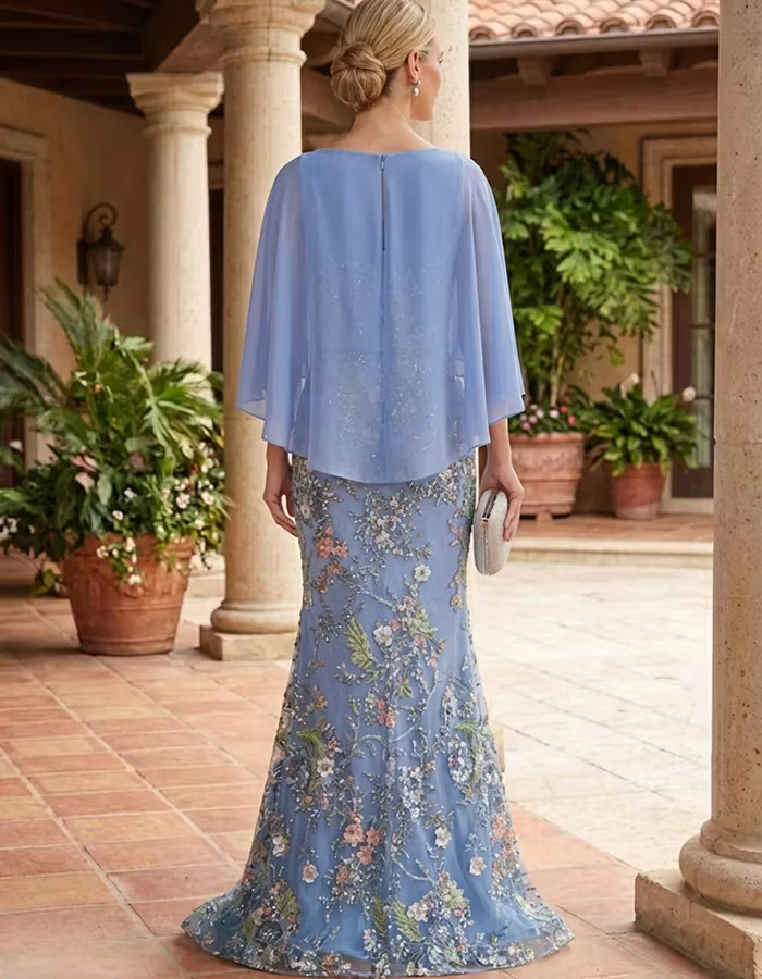 Light Blue Boat Neck Chiffon Cape Overlay Maxi Dress