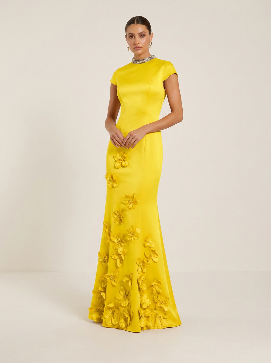 Dusty Blue Beaded Mock Neck Floral Appliqué Mermaid Maxi Dress