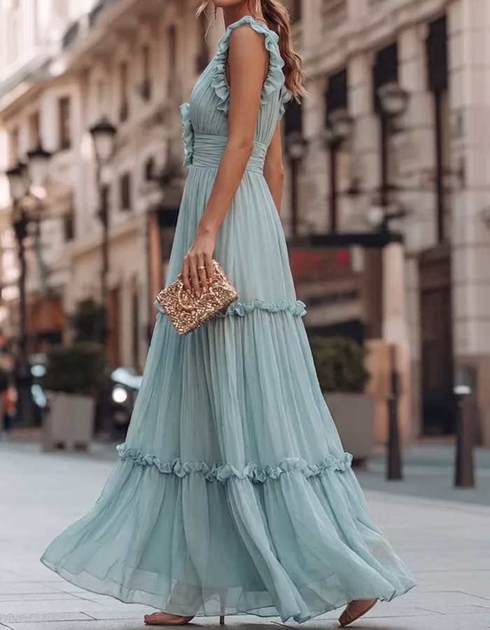 Sage Green Ruffled V-Neck Tiered Chiffon Dress