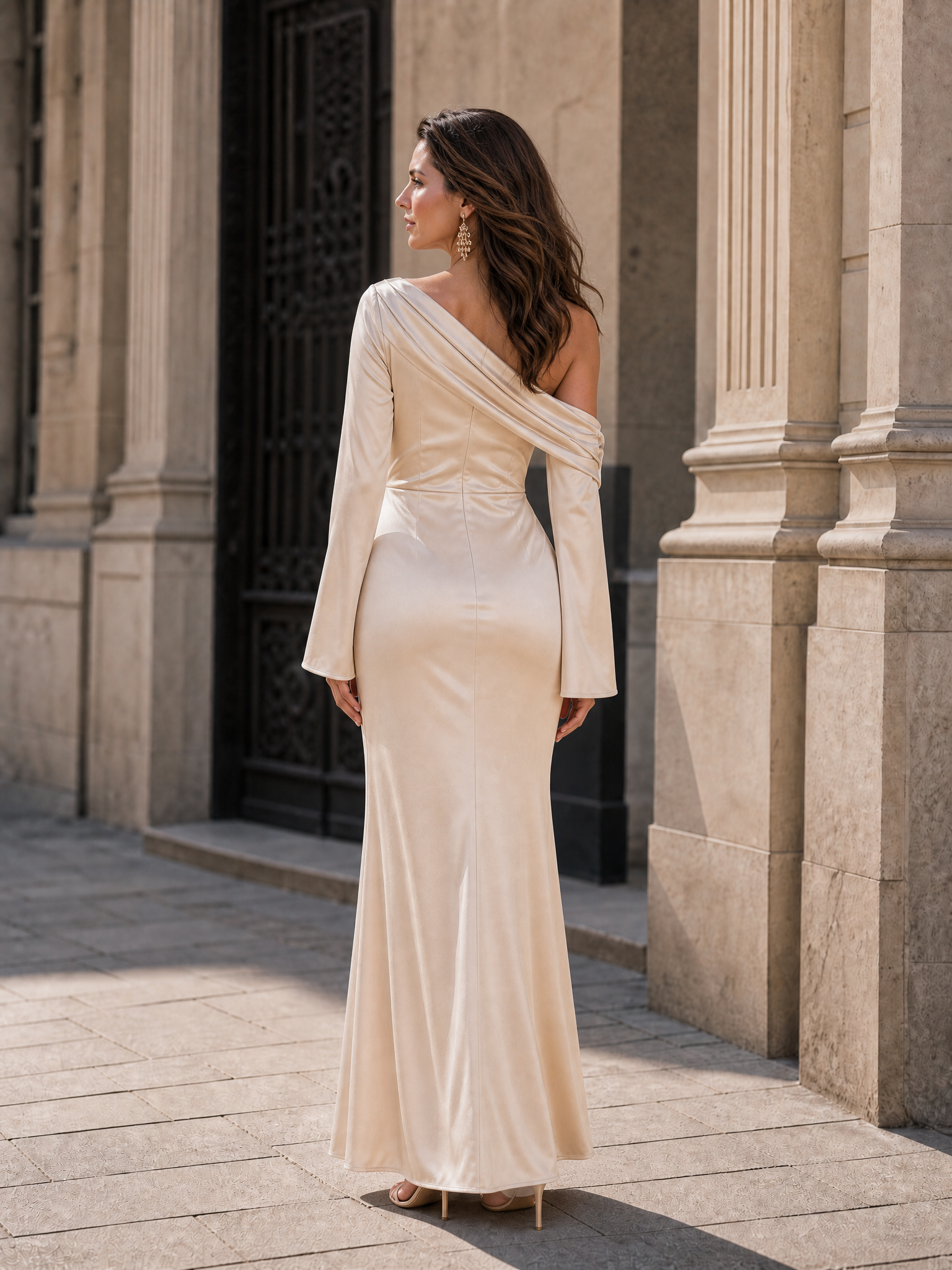 Champagne One-Shoulder Draped Long-Sleeve Satin Column Maxi Gown Dress