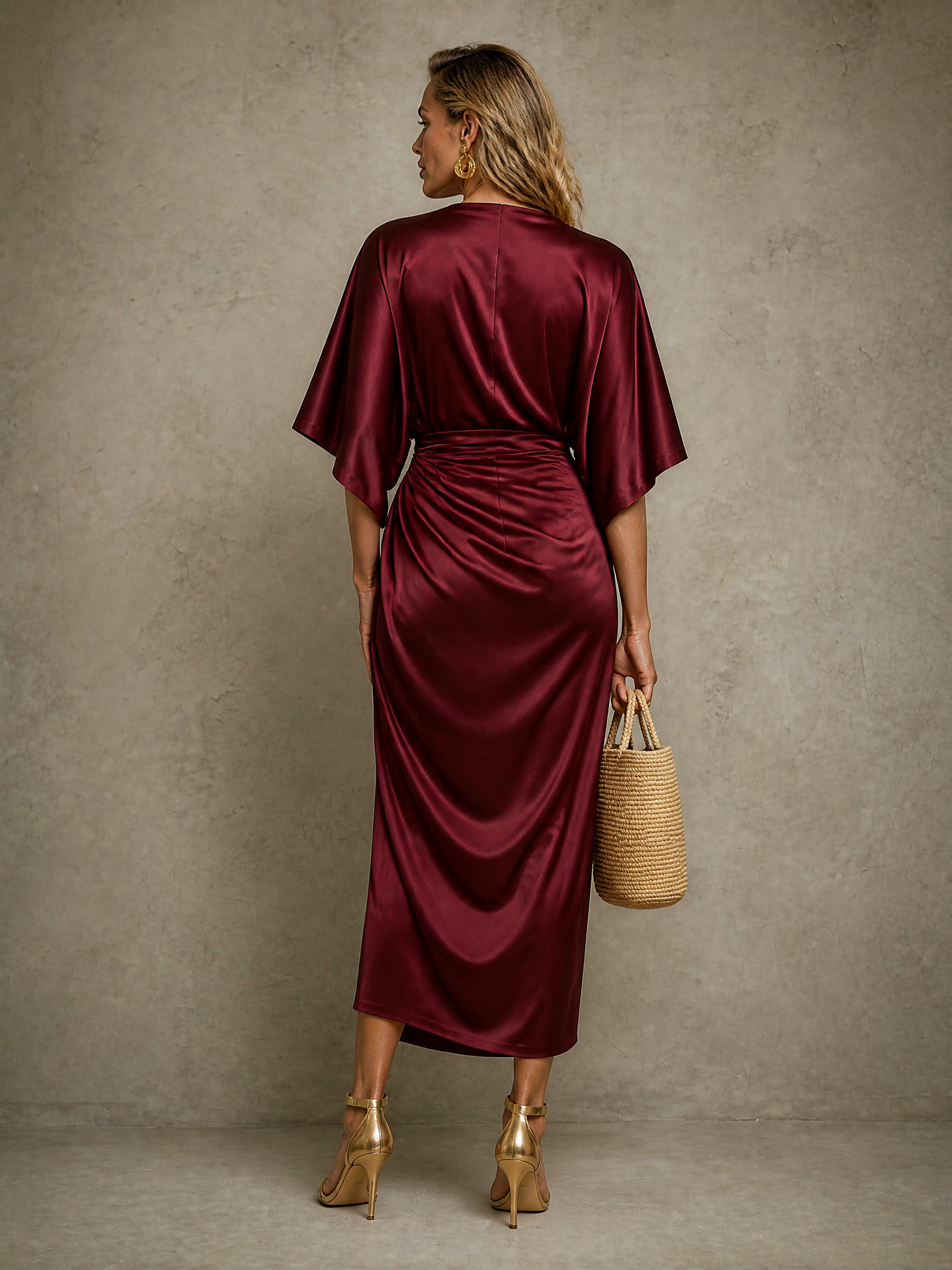 Luminous Burgundy Satin Batwing Draped Midi Sheath Gown Dress