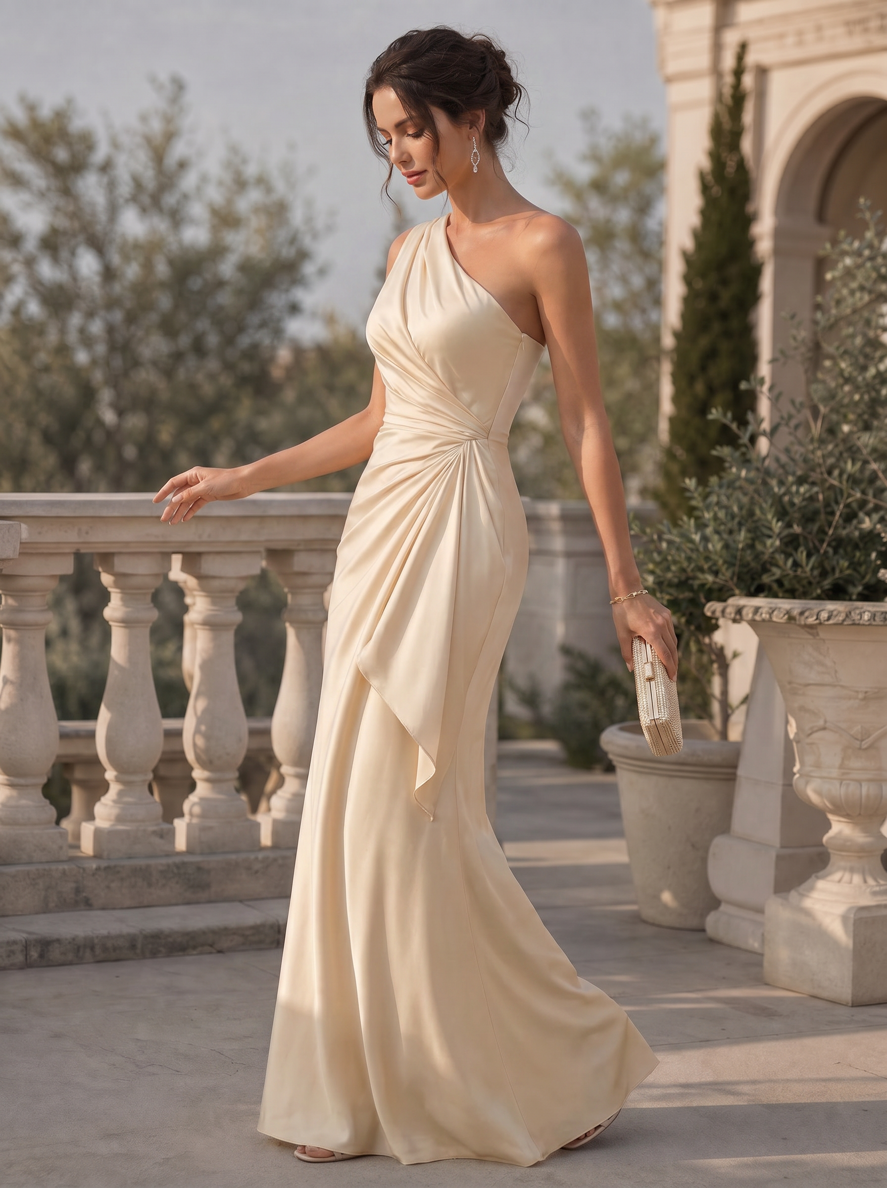 Champagne One Shoulder Draped Ruched Mermaid Maxi Dress