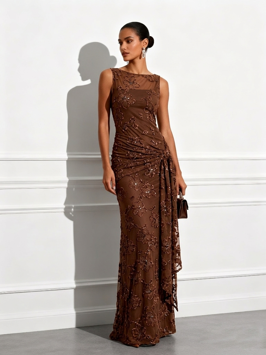 Jacquard Classic Boat Neck Sleeveless Sheath Maxi Dress