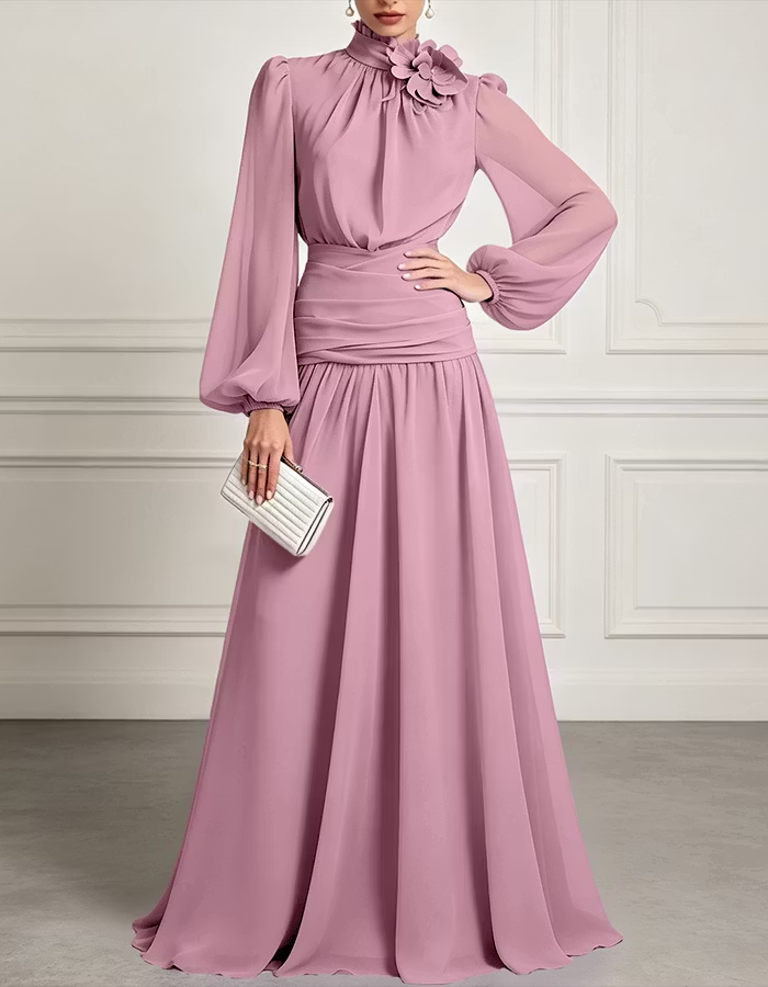 High-Neck Chiffon A-Line Maxi Dress