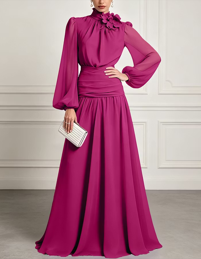High-Neck Chiffon A-Line Maxi Dress