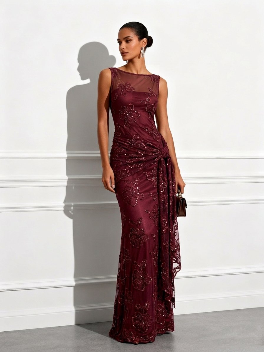 Jacquard Classic Boat Neck Sleeveless Sheath Maxi Dress