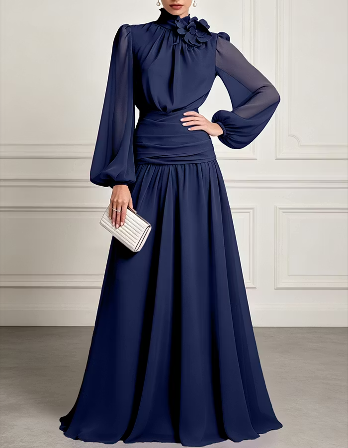 High-Neck Chiffon A-Line Maxi Dress