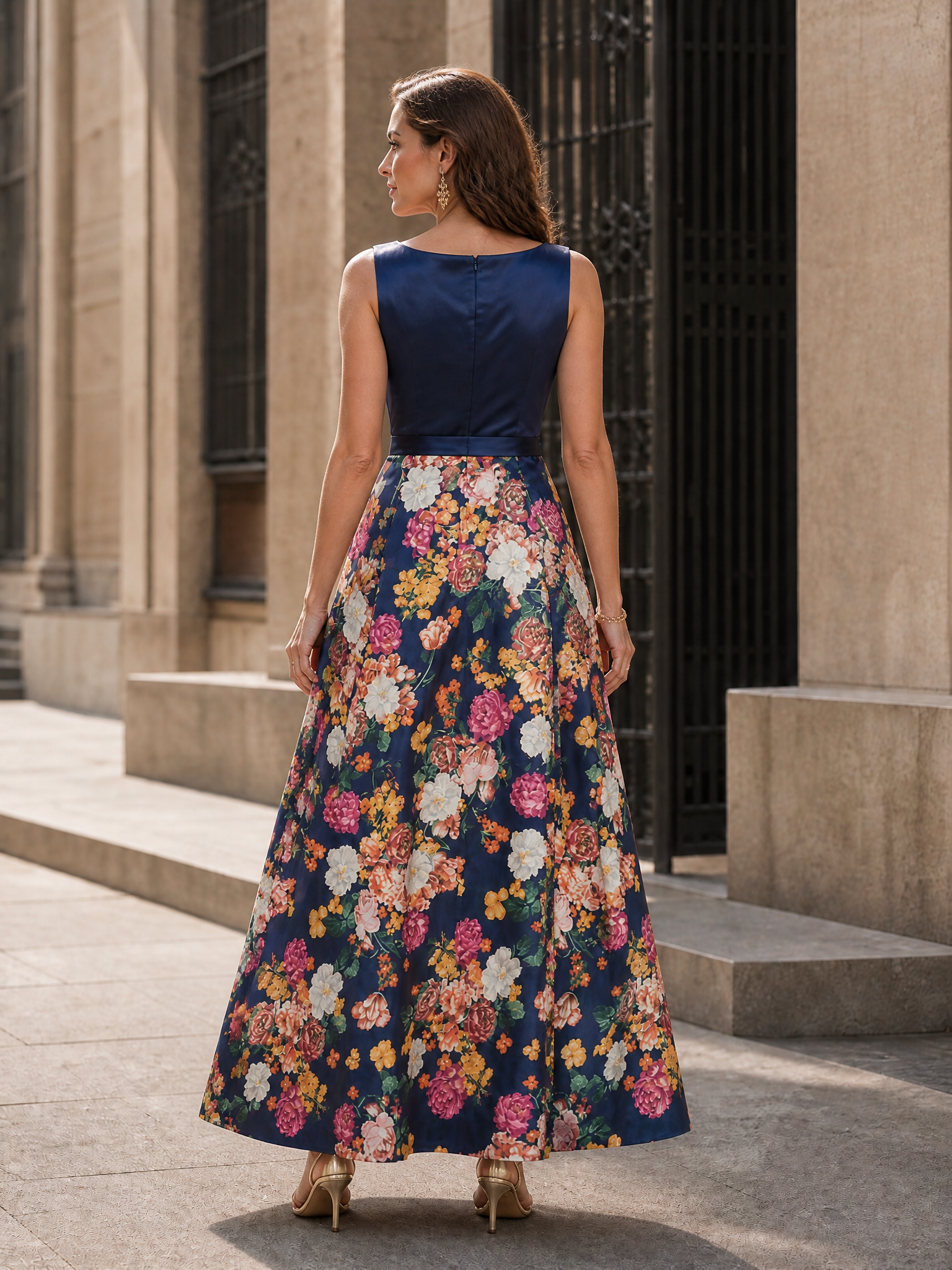 Ethereal Navy Floral Satin Sleeveless A-Line Floor-Length Gown Dress