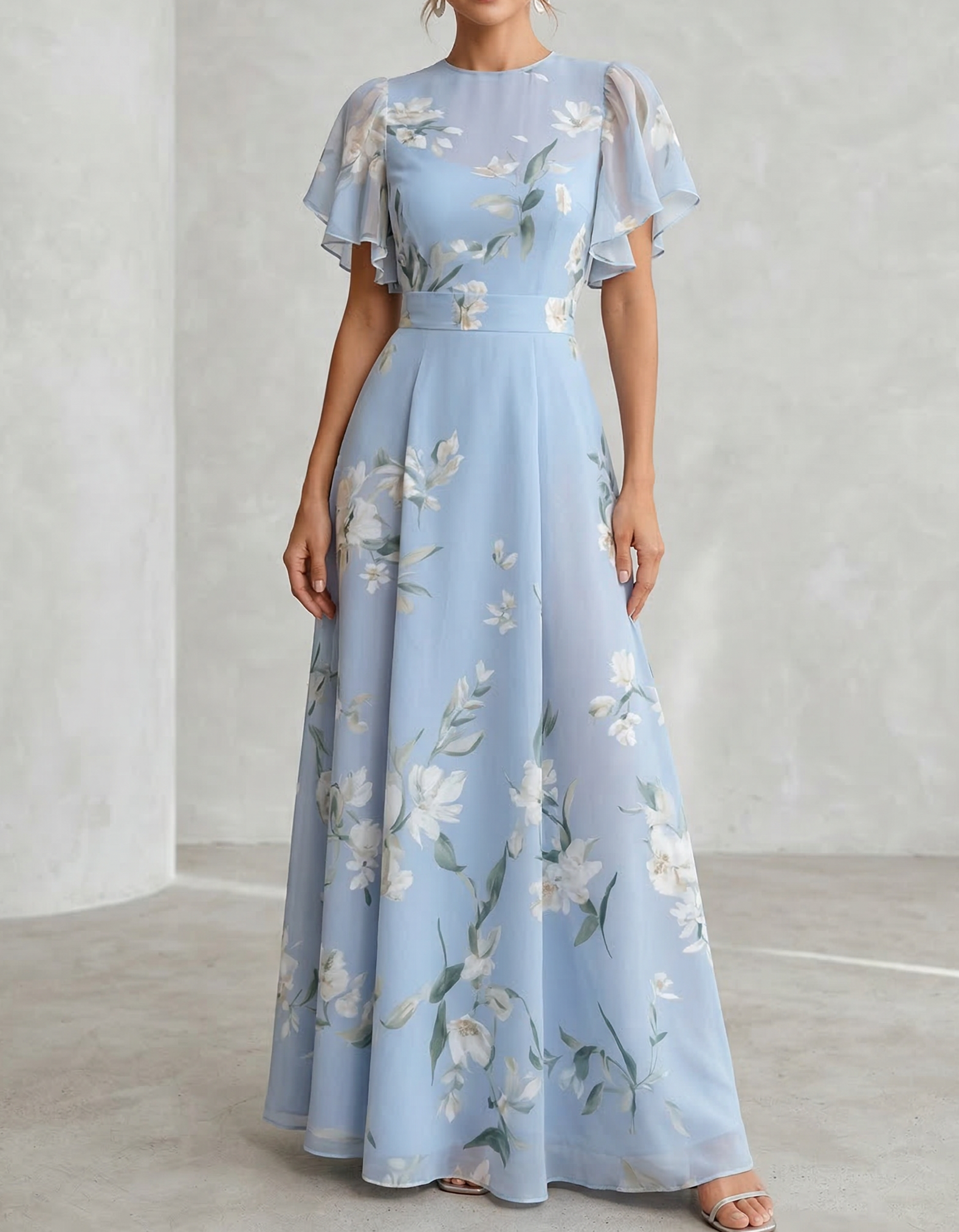 Light Blue Chiffon Round Neck Ruffle Print Maxi Dress