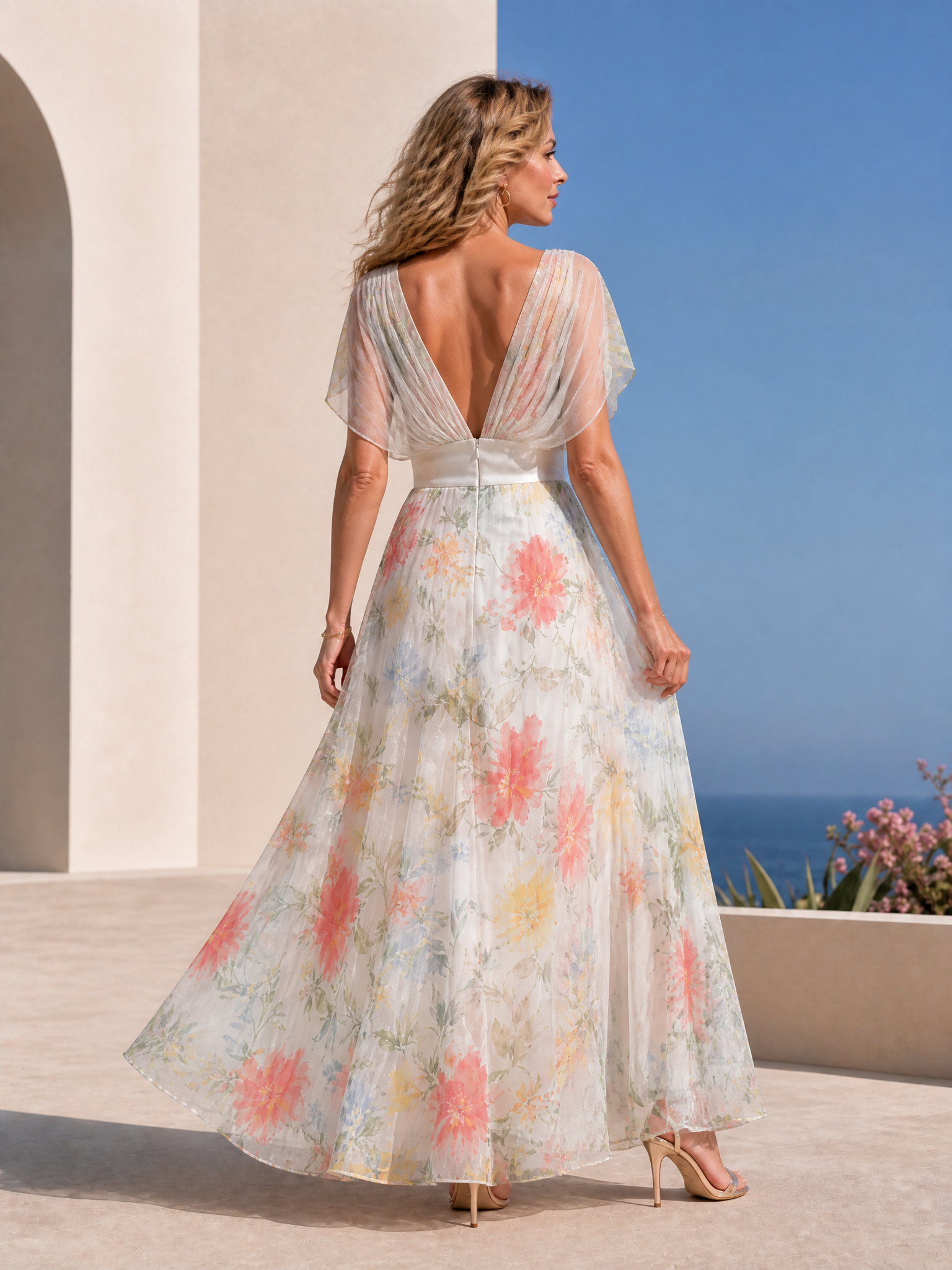 Watercolor Floral Tulle V-Neck Flutter Sleeve Maxi Dress