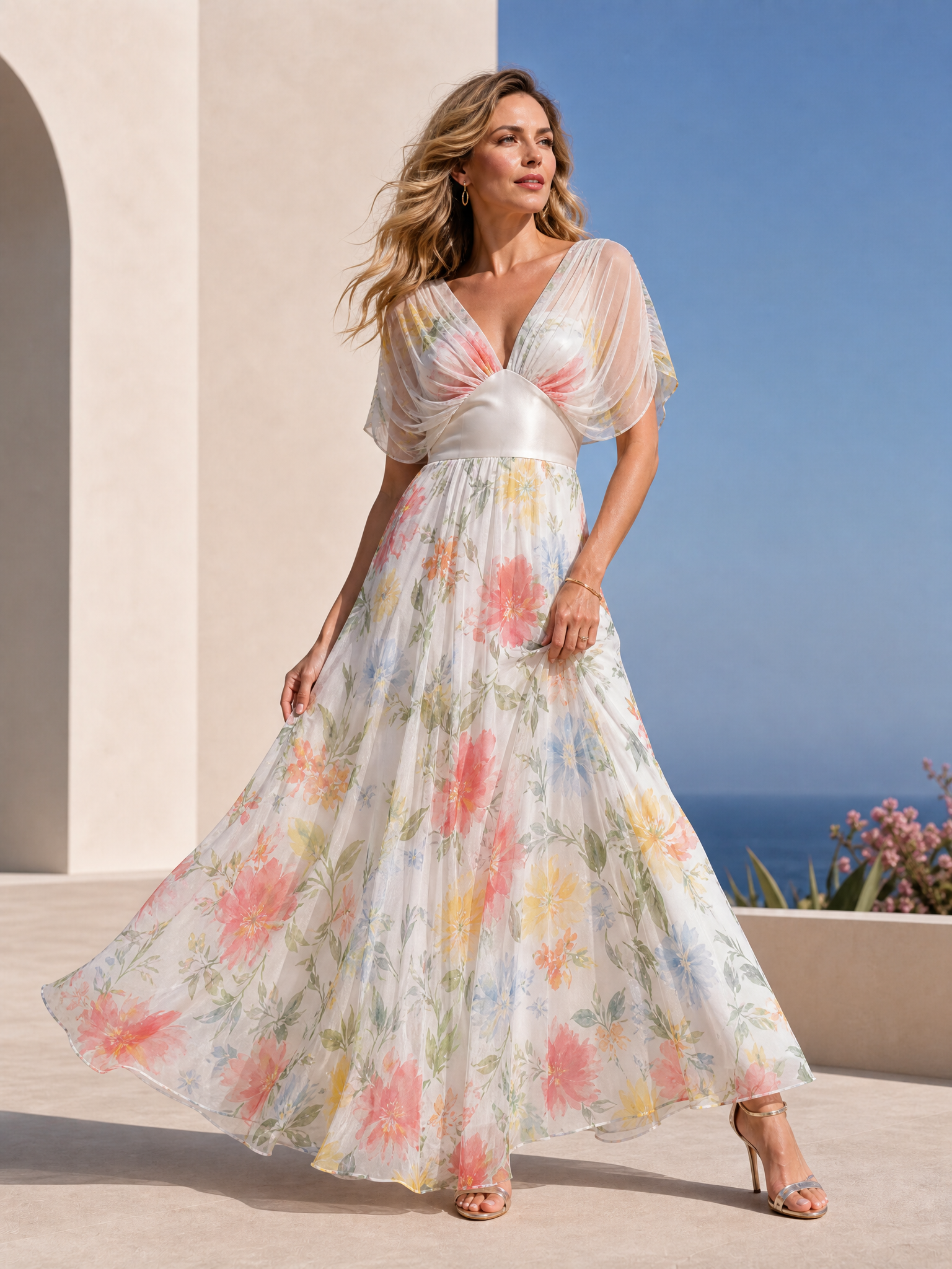 Watercolor Floral Tulle V-Neck Flutter Sleeve Maxi Dress