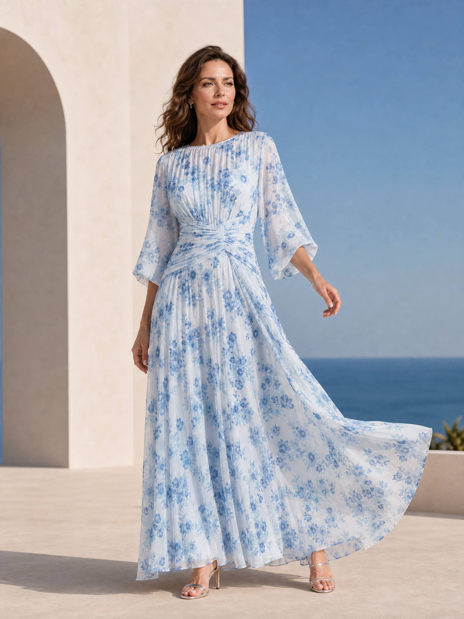 Blue Floral Round Neck 3/4 Flare Sleeve Maxi Dress