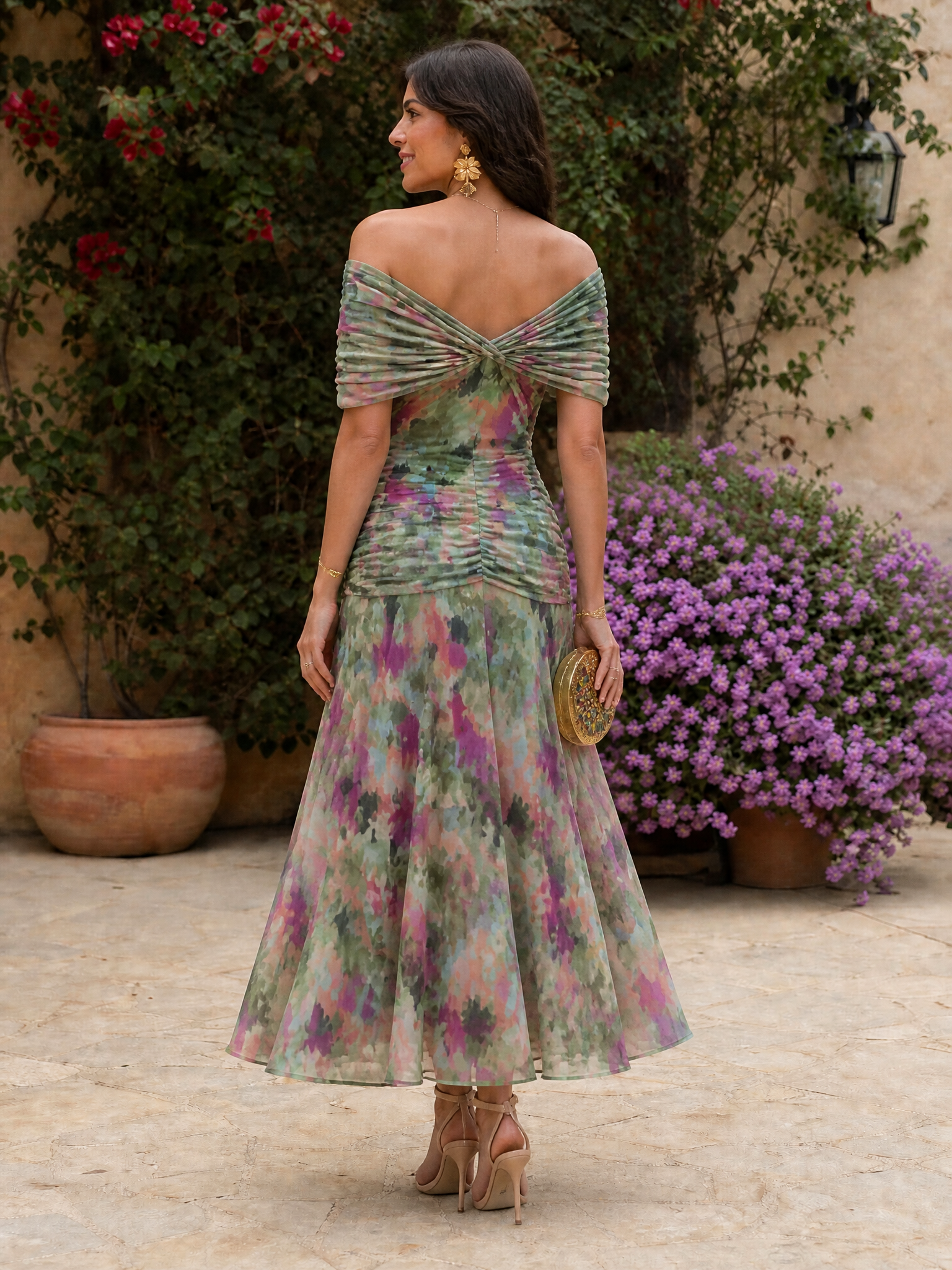 Ethereal Sage Watercolor Off-The-Shoulder A-Line Midi Gown Dress