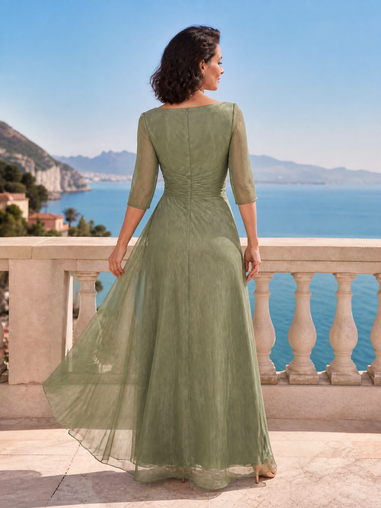 Serene Sage Organza Three-Quarter Sleeve A-Line Maxi Gown Dress