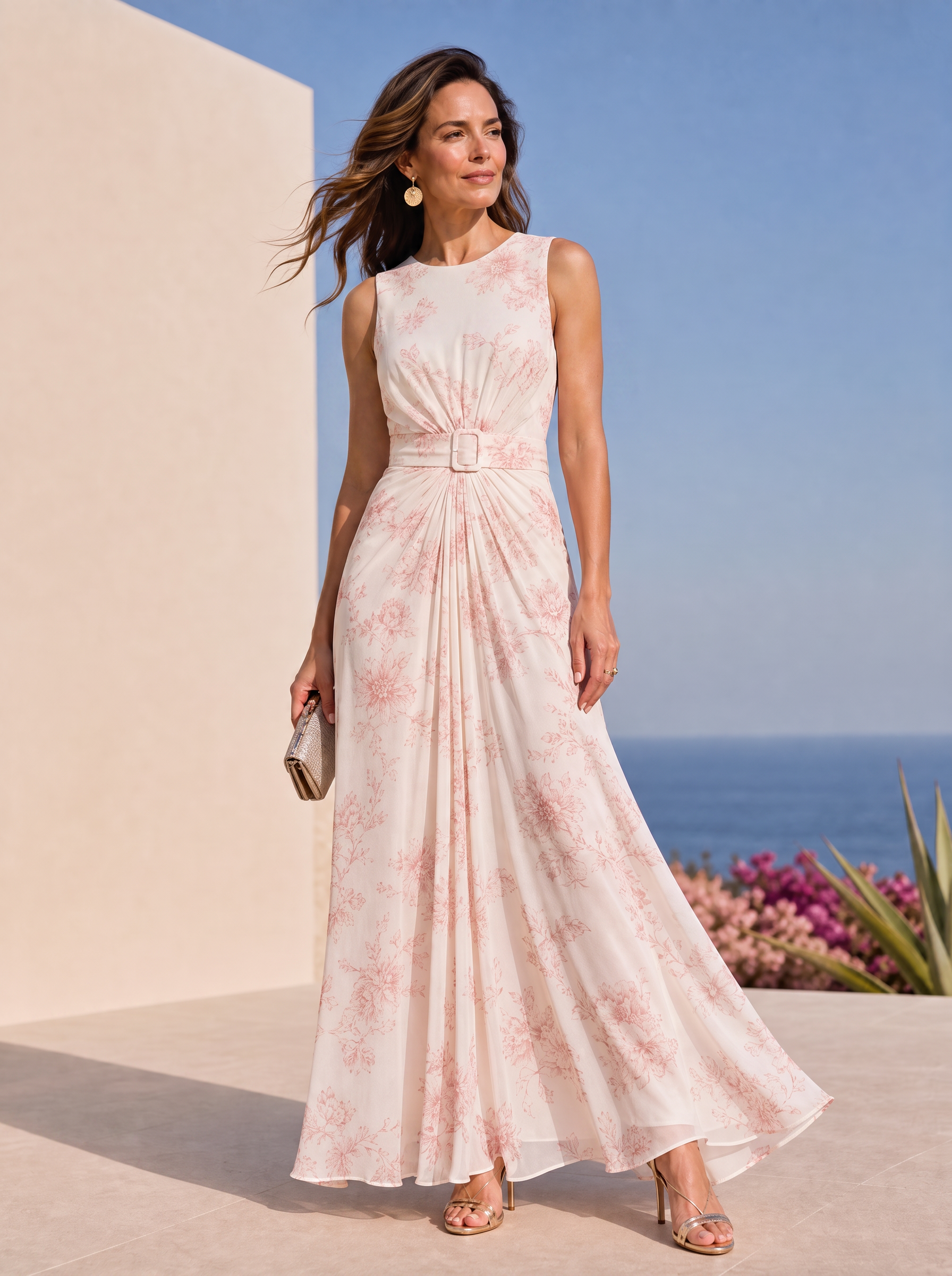 Cream Pink Floral Sleeveless Maxi Dress Garden Wedding Mother Guest Dress