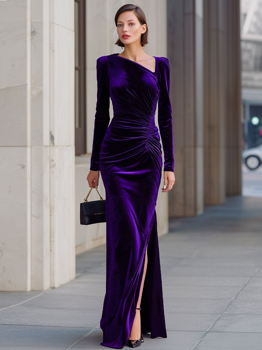 Elegant Purple Velvet Asymmetric Neckline Ruched Maxi Dress With Side Slit
