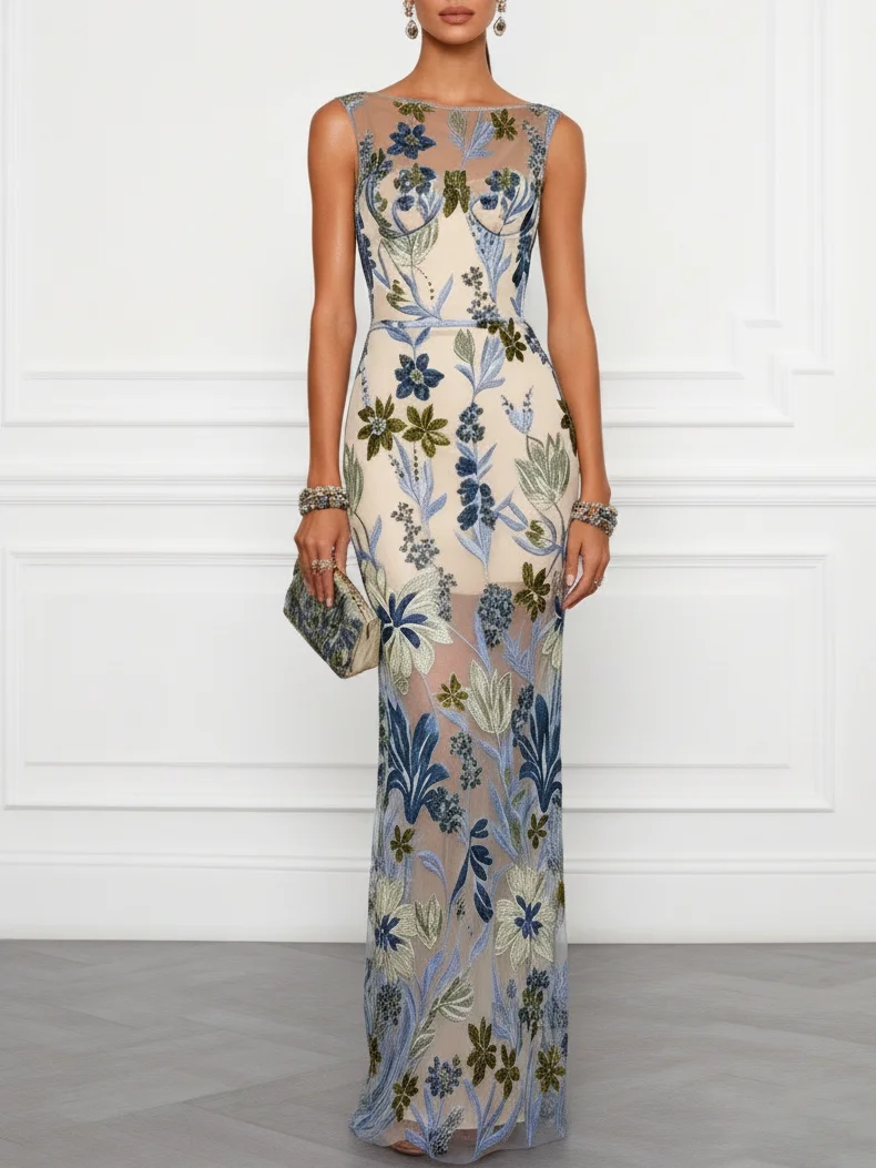 Blue Embroidery Classic Boat Neck Sleeveless Mermaid Floor-length Gown Dress