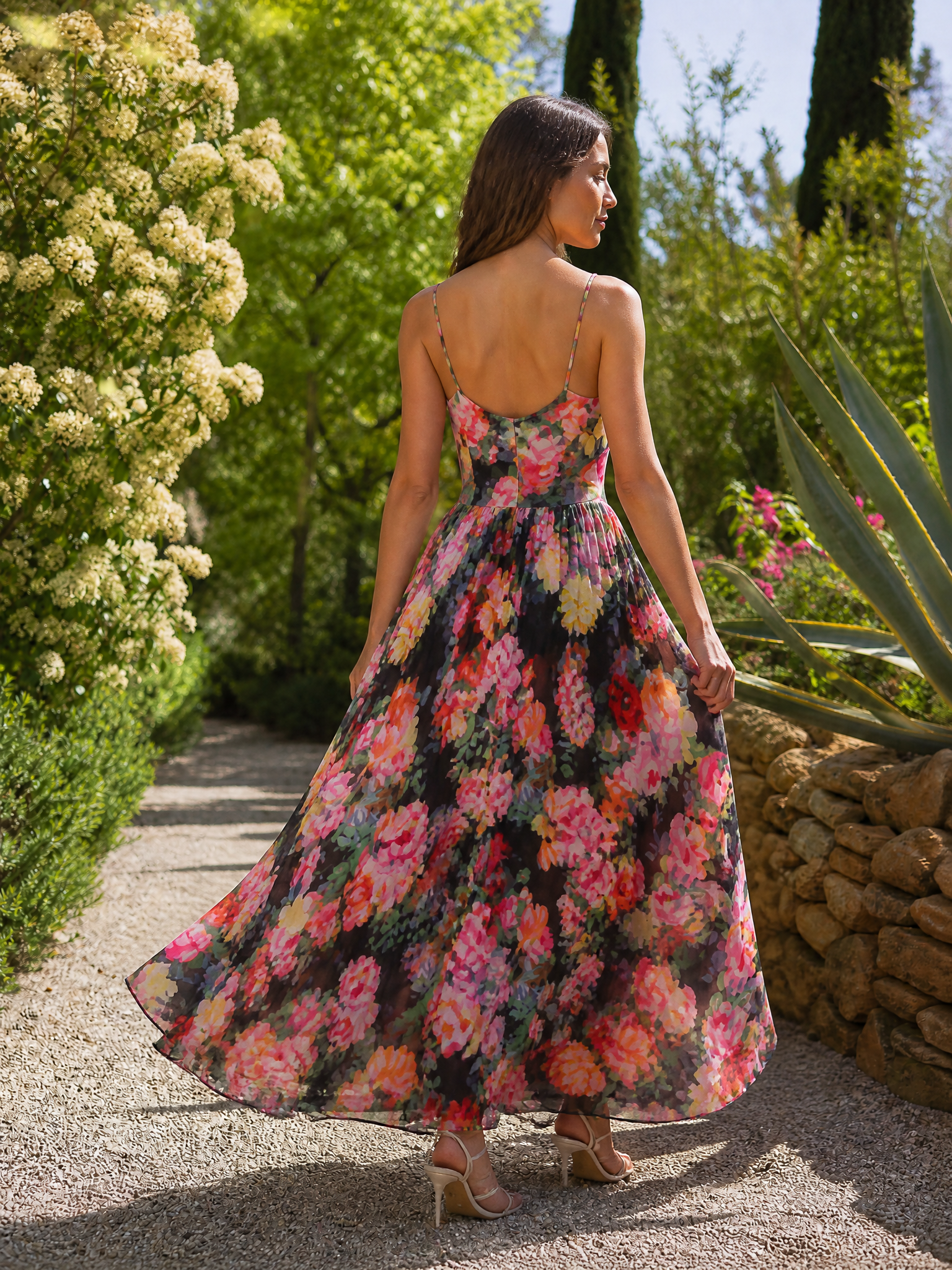 Multicolored Floral Cami V-Neck Spaghetti Straps A-Line Maxi Gown Dress