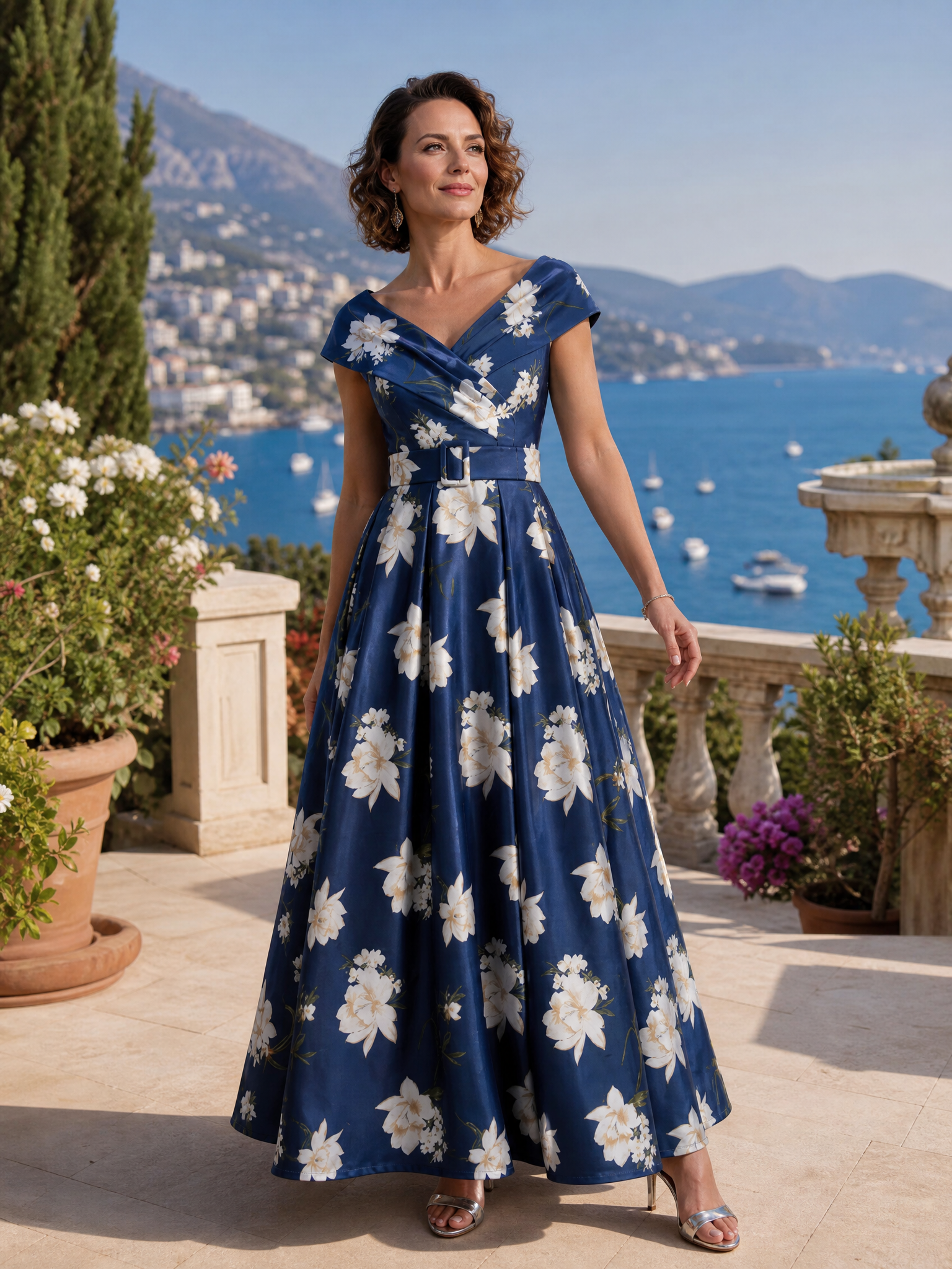 Navy Blue Floral Off-The-Shoulder Satin V-Neck A-Line Maxi Gown Dress