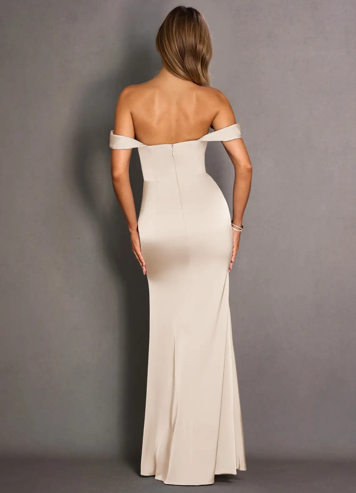 Champagne Off-the-Shoulder Satin Slit Evening Gown