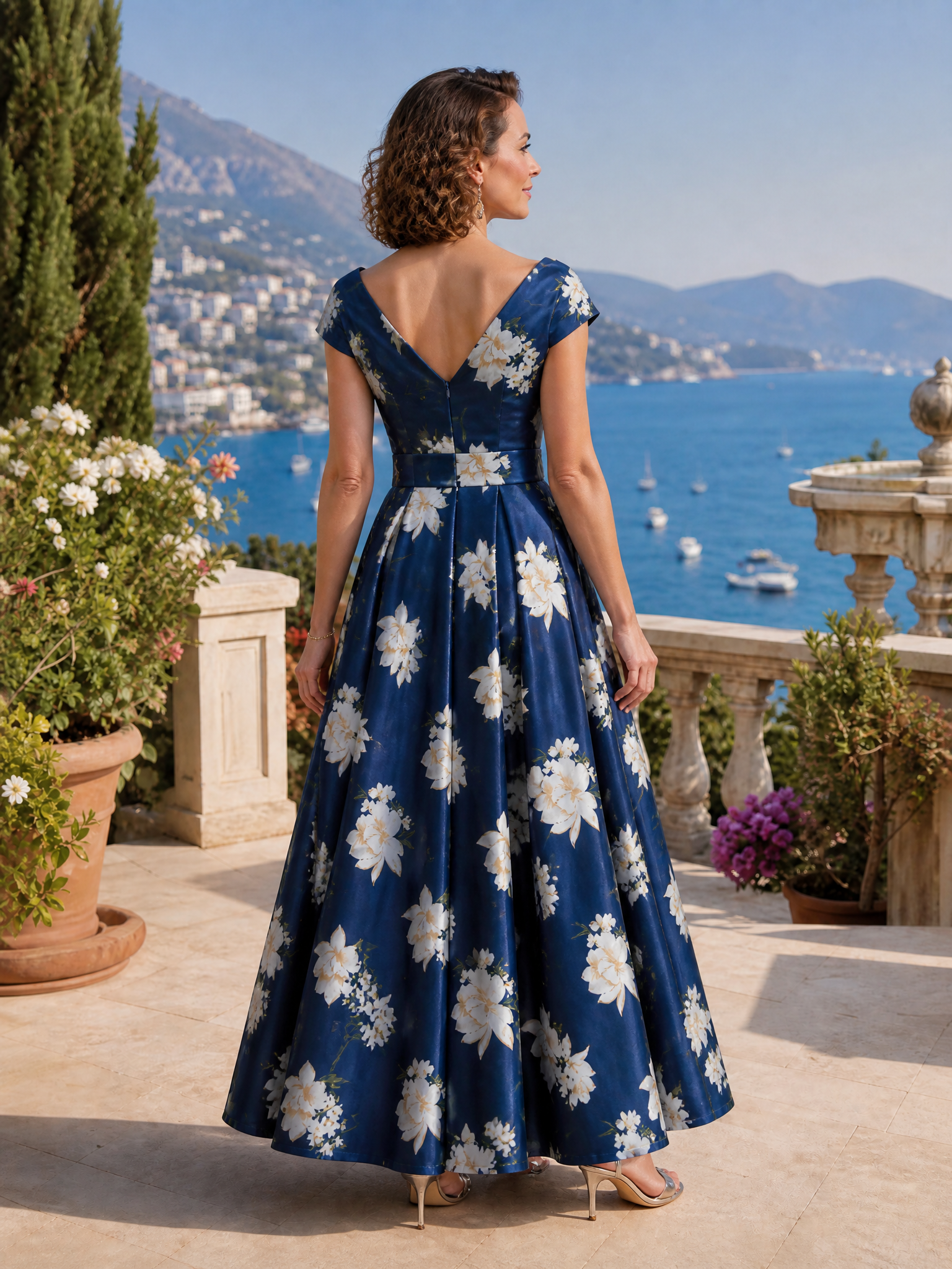Navy Blue Floral Off-The-Shoulder Satin V-Neck A-Line Maxi Gown Dress