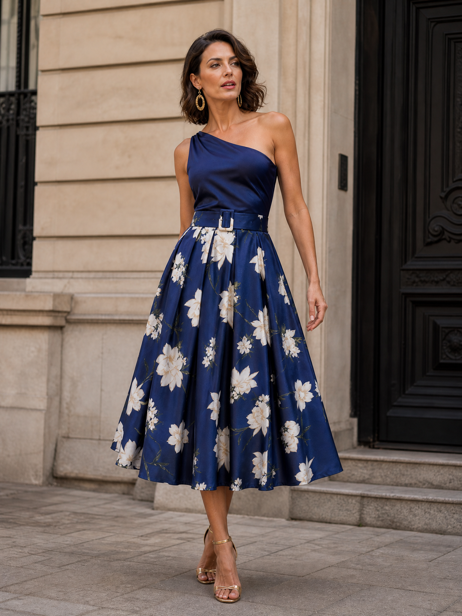 Elegance Navy Blue One-Shoulder Floral A-Line Midi Gown Dress