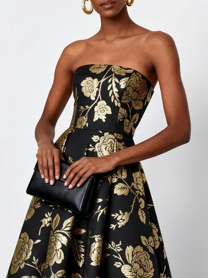 Black Stamped Bronzing Floral Classic Strapless Sleeveless A-Line Midi Dress