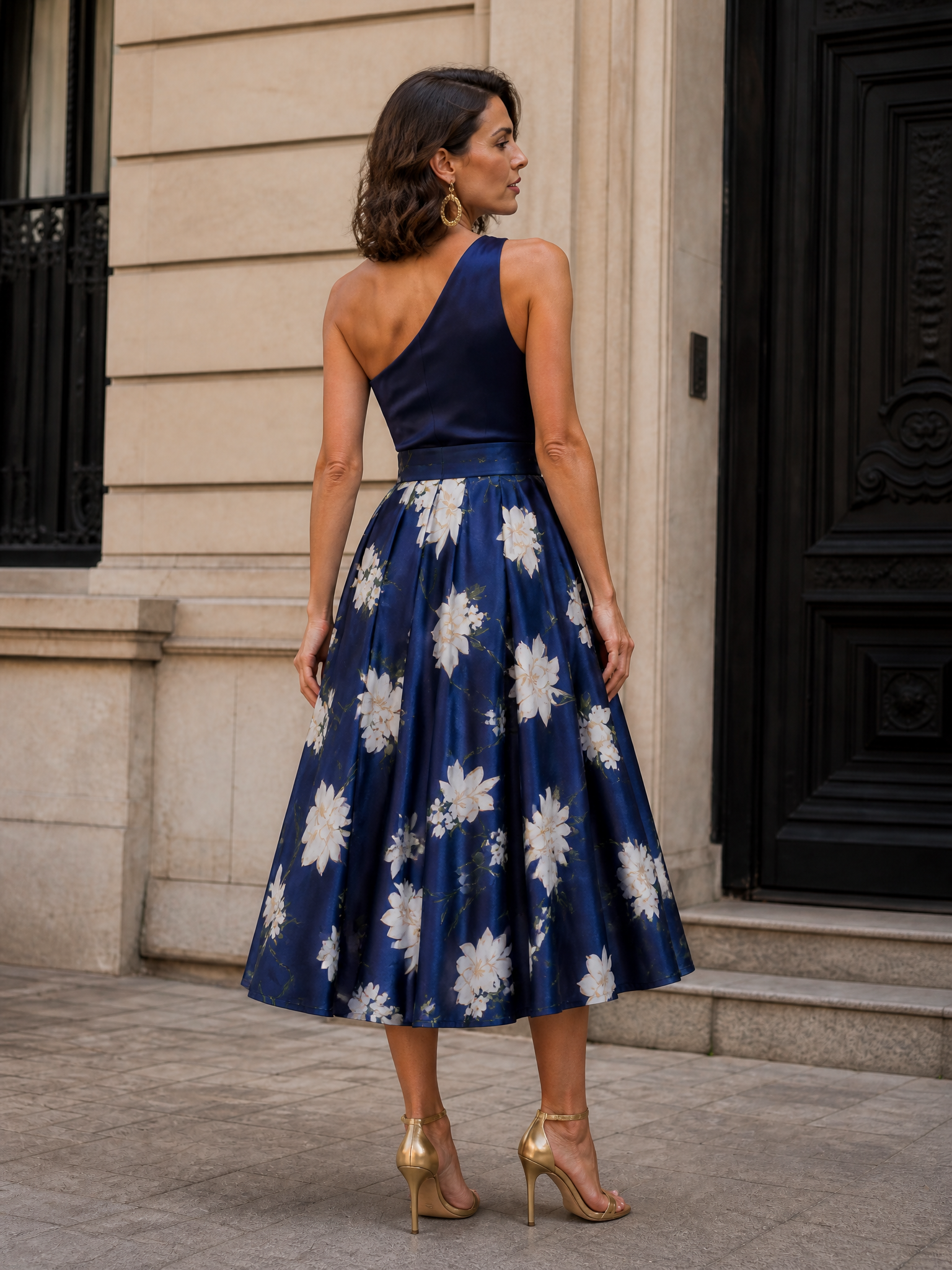 Elegance Navy Blue One-Shoulder Floral A-Line Midi Gown Dress
