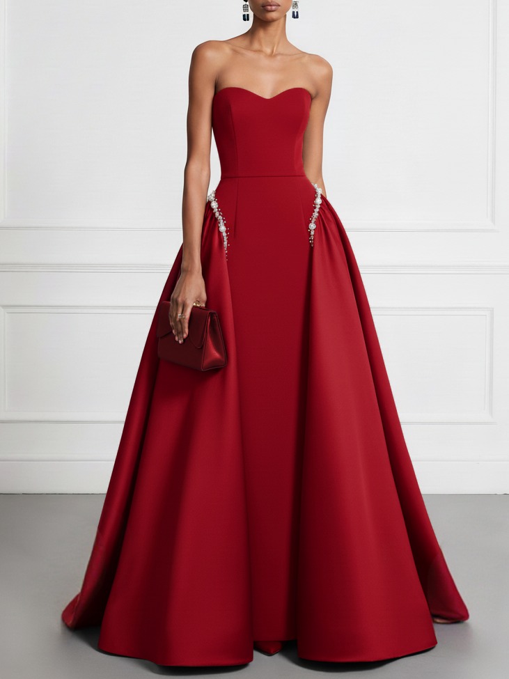 Red Faux Pearl Split Joint Satin Strapless Sleeveless A-Line Maxi Dress