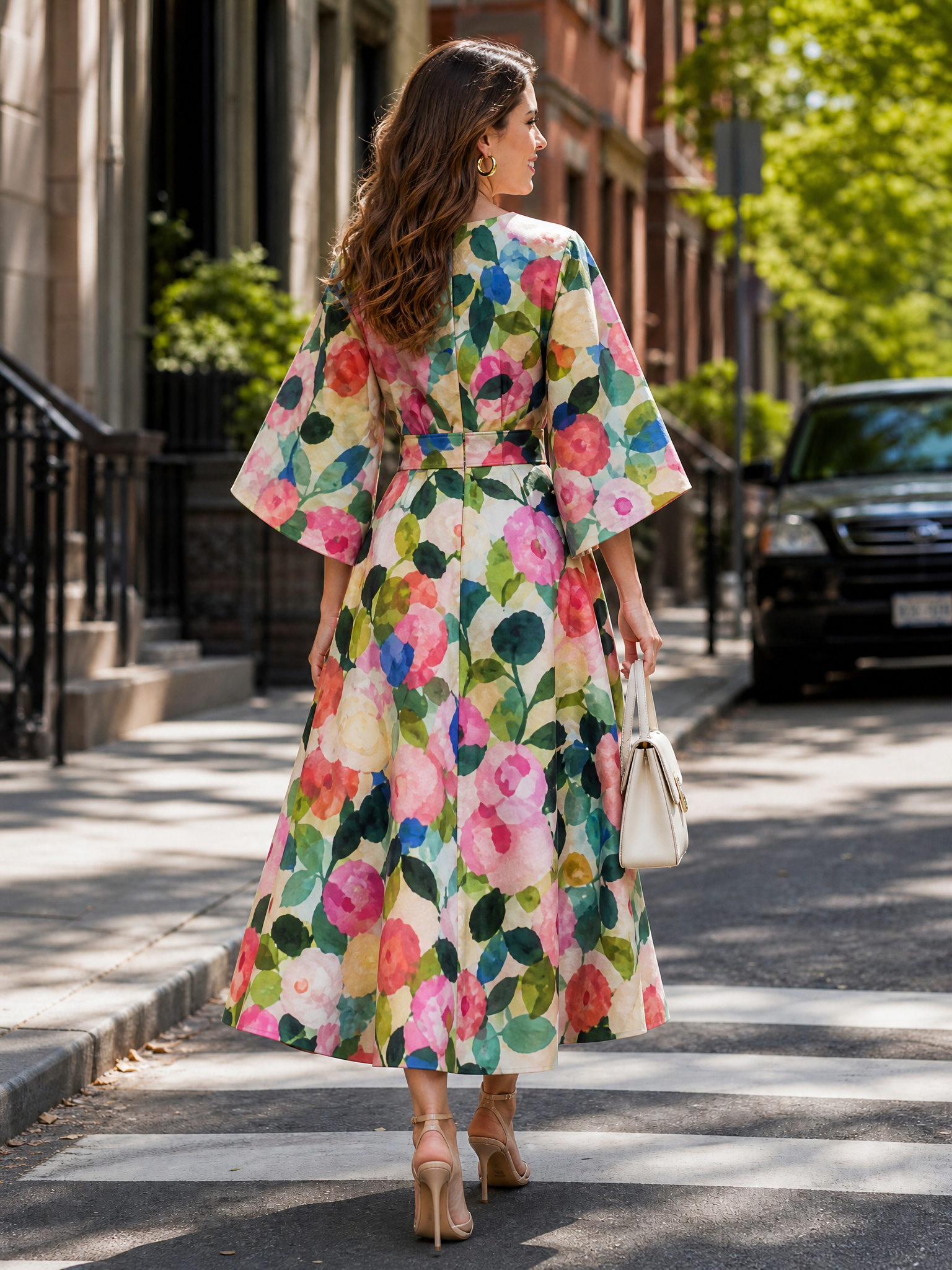 Round Neck Bell Sleeve Watercolor Floral Print Midi A-Line Dress