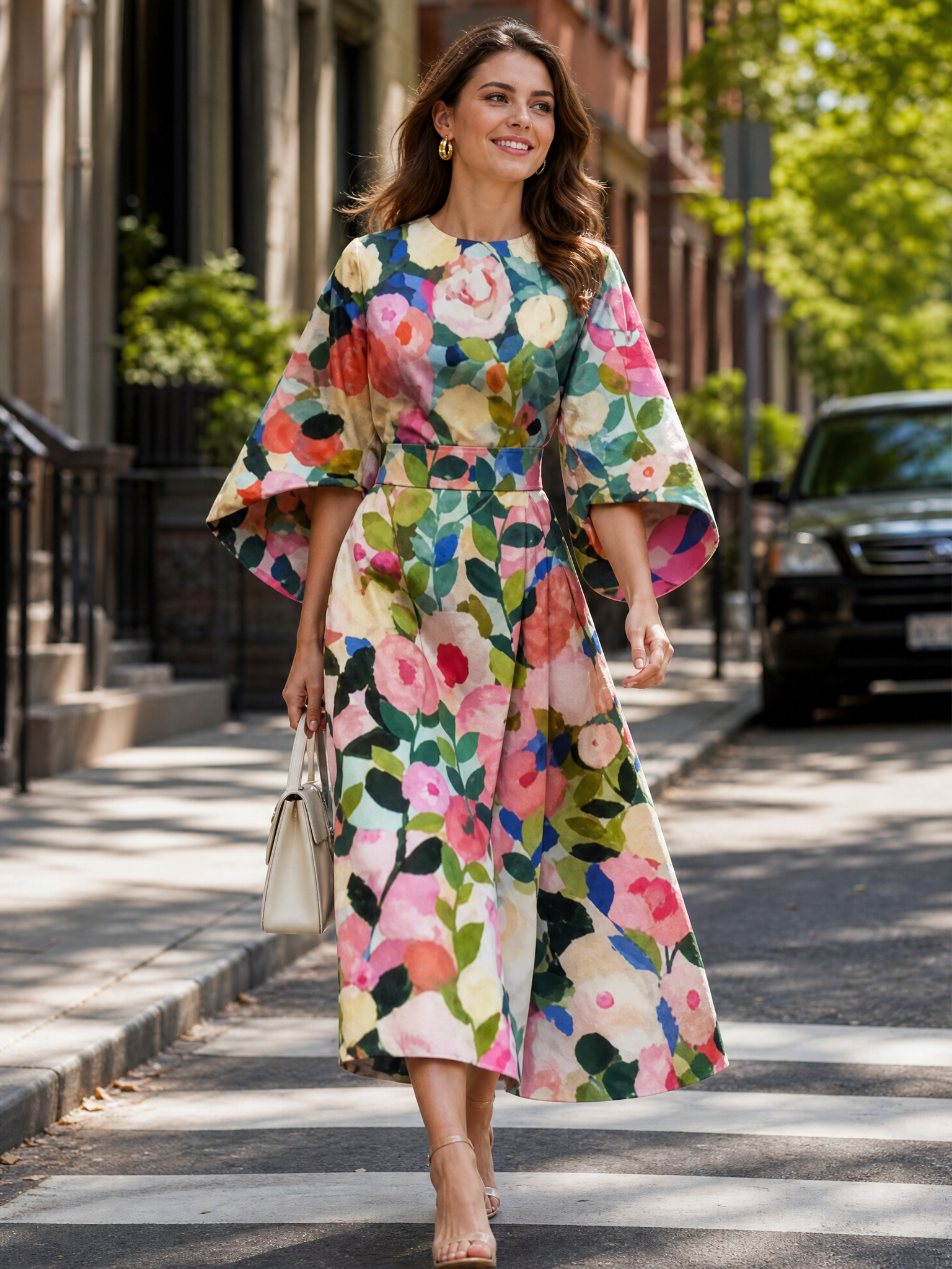 Round Neck Bell Sleeve Watercolor Floral Print Midi A-Line Dress