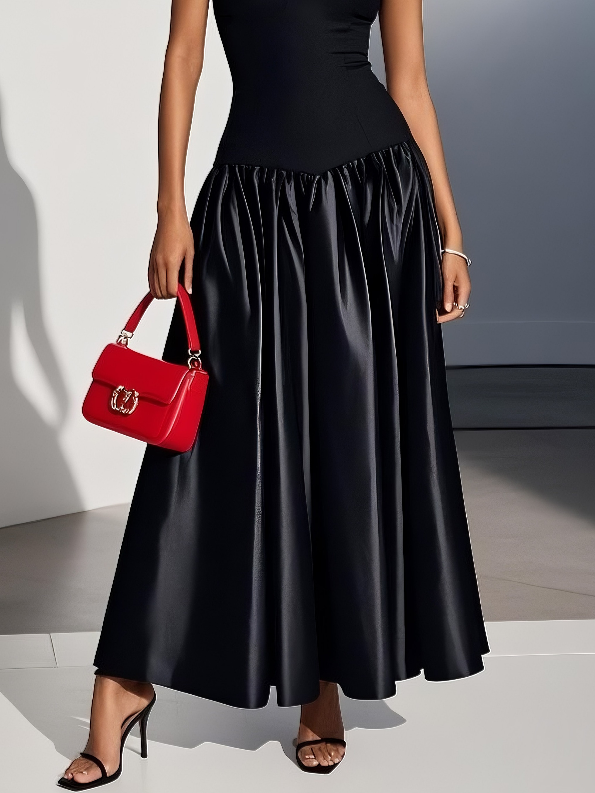 Black Split Joint Satin Strapless Sleeveless A-Line Maxi Dress