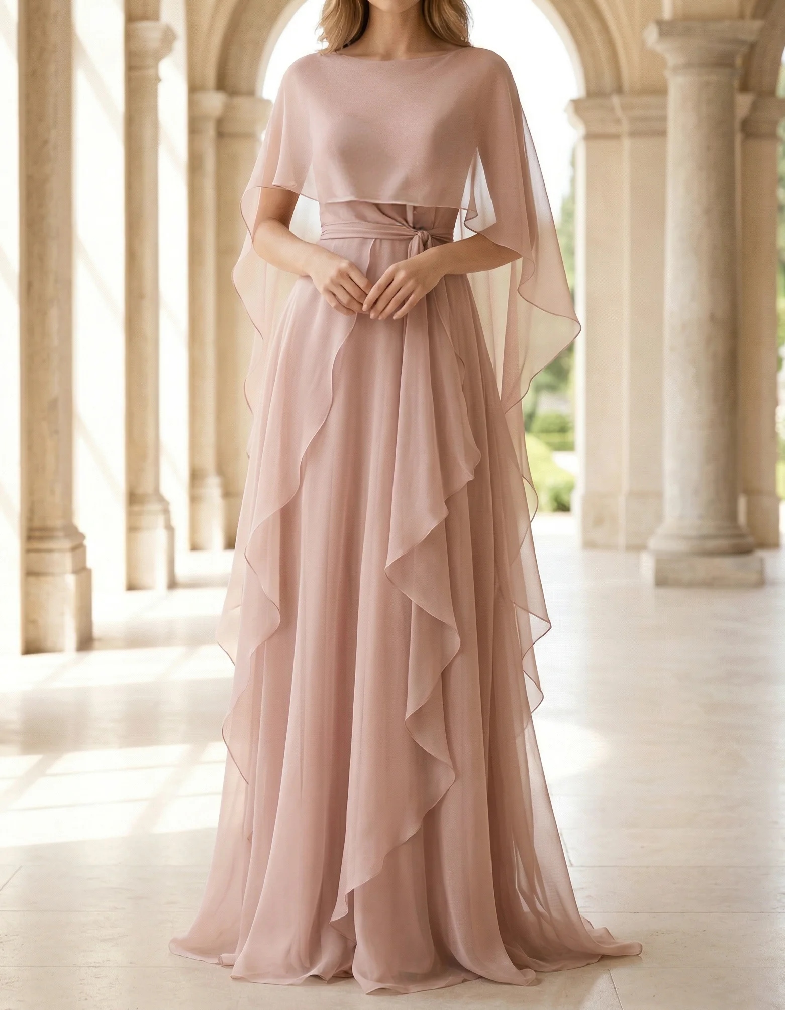 Pink Chiffon Round Neck Shawl Two-Piece Maxi Dress
