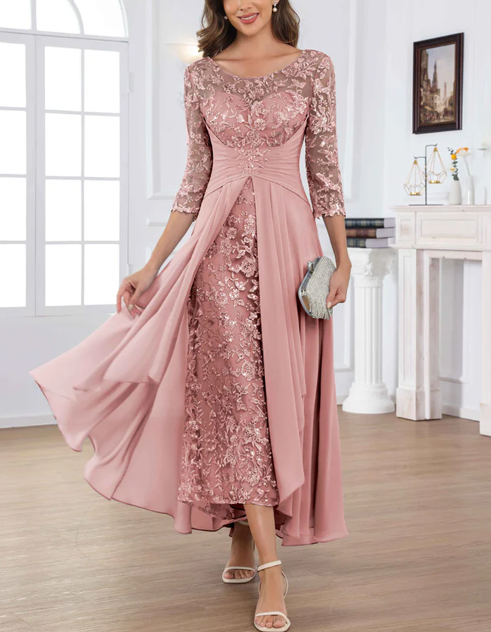 Lace Over Chiffon Illusion Neck Midi Dress