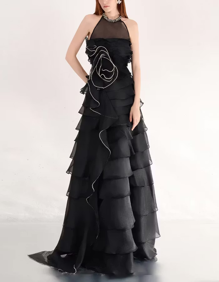 Black A-line Ruffled Layered Organza Maxi Dress