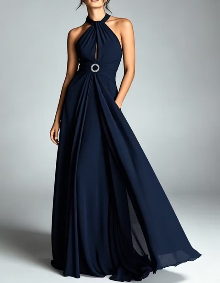 Navy Blue Halter Neck Keyhole Ring Detail Chiffon Dress