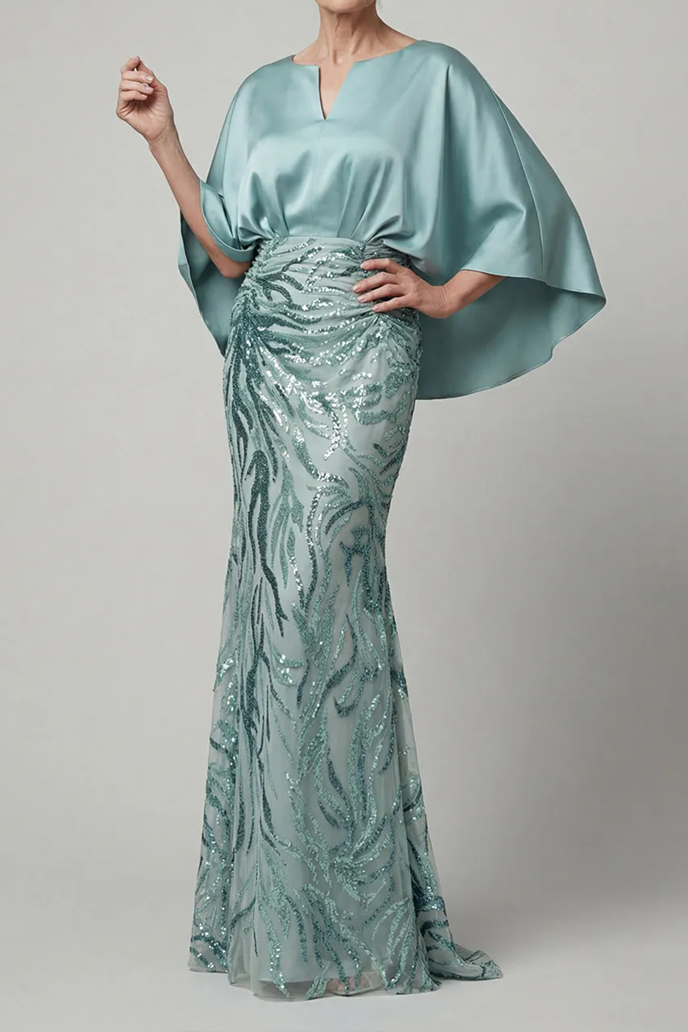 Sage Cape Sleeve Sequin Embellished Mermaid Dress