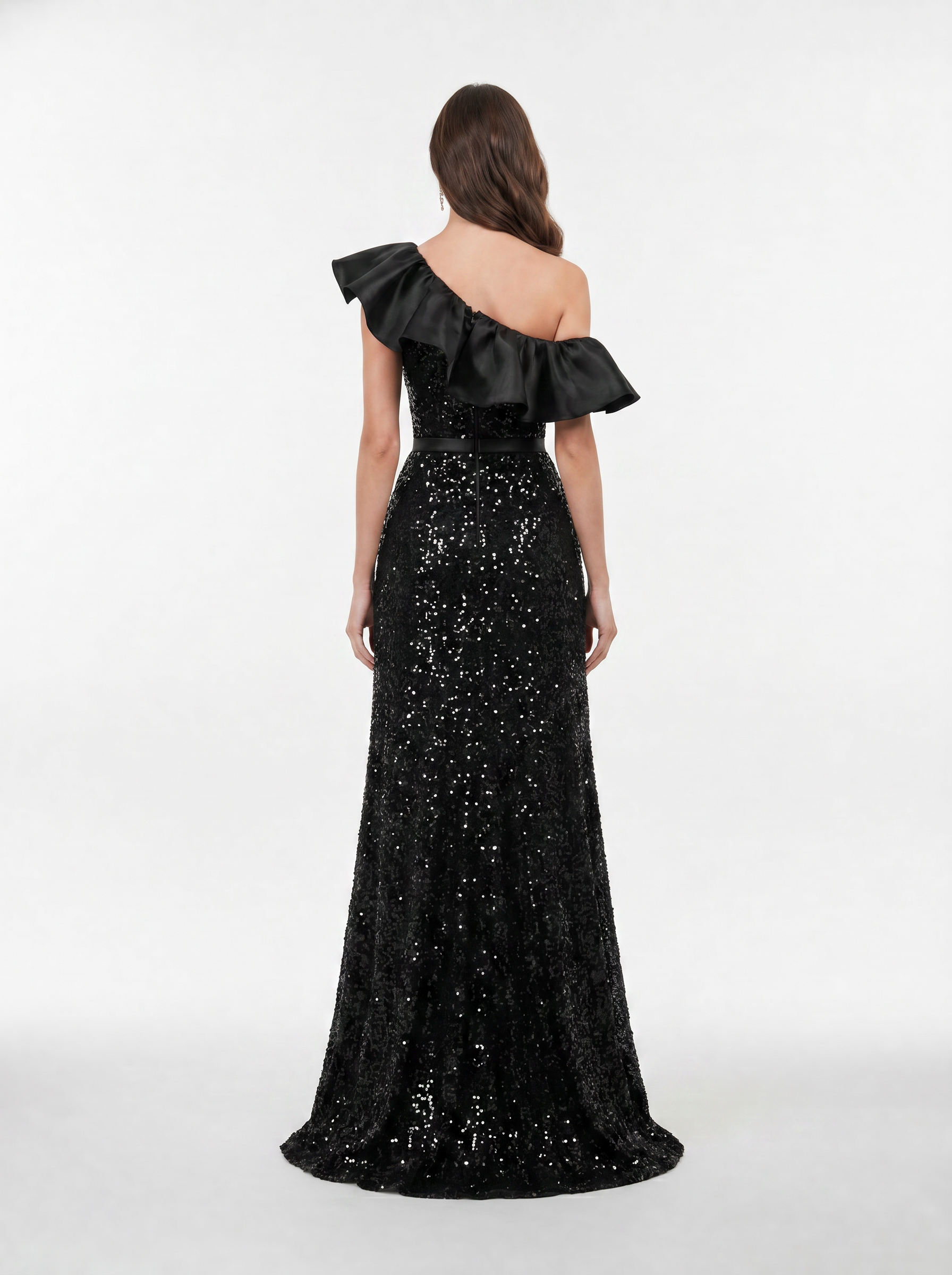 Black One-Shoulder Satin Ruffle Sequin Mermaid Gown with Slit