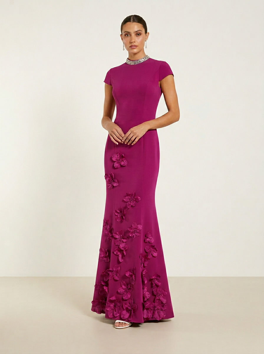 Dusty Blue Beaded Mock Neck Floral Appliqué Mermaid Maxi Dress